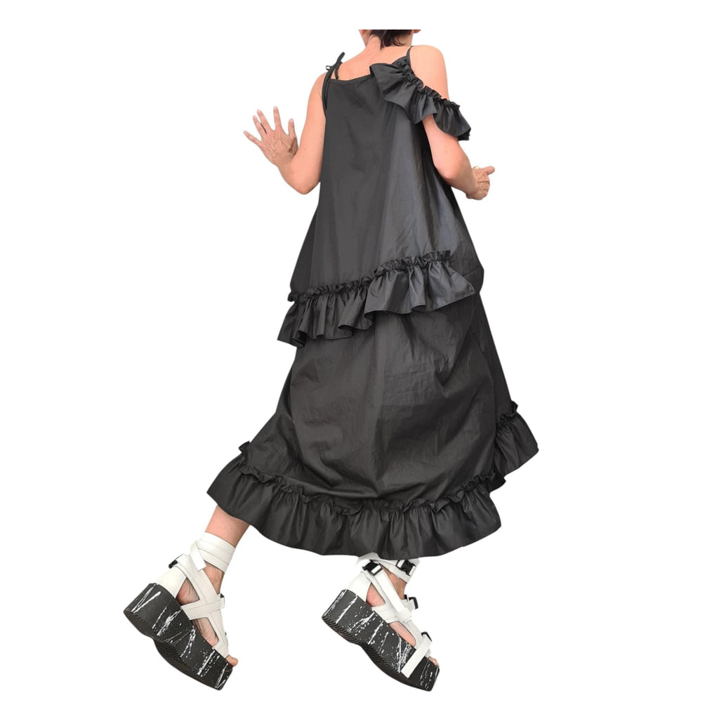 Asymmetric Loose Gothic Black Dress, Plus Size Clothing, Spaghetti Strap Dress