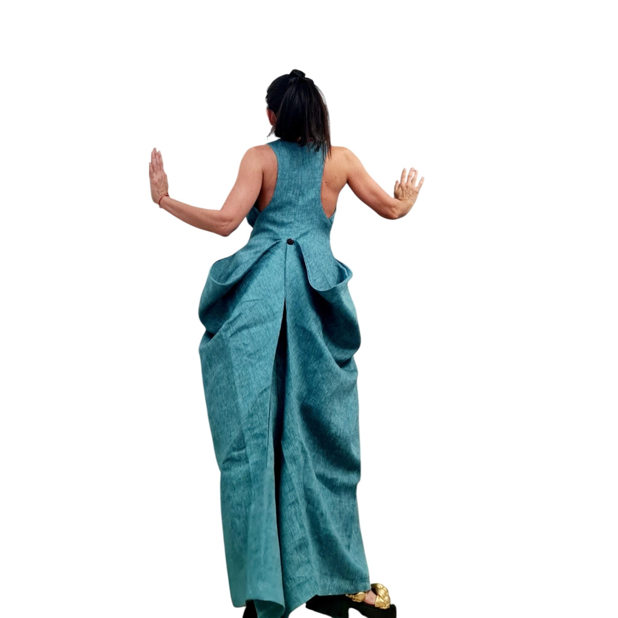 Turquoise Linen Maxi Dress for Women, Long Asymmetric Summer Dress, Convertible Loose Fit Clothing