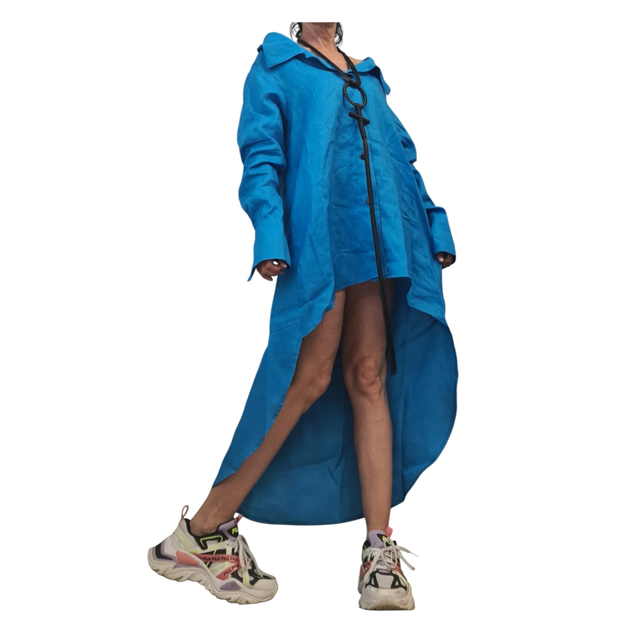 Turquoise Linen Shirt Tunic, High Low Beach Shirt Dress, Long Back Summer Top