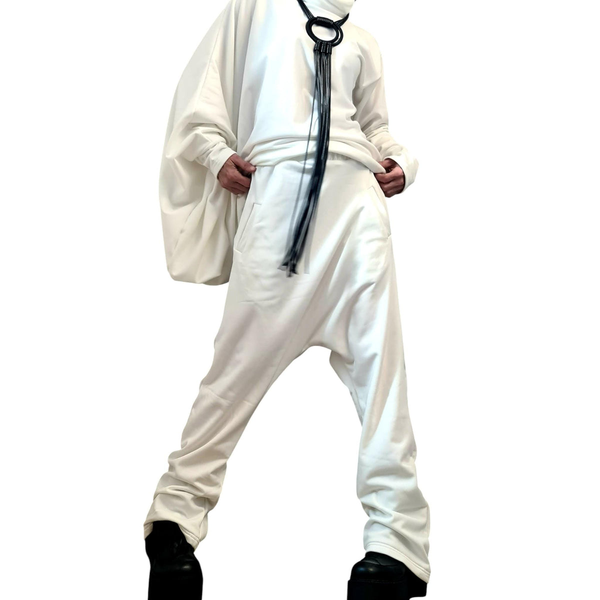 White Cotton Drop Crotch Harem Pants, Oversized Asymmetrical Batwing Turtleneck Top, Two-Piece Co-Ord Set