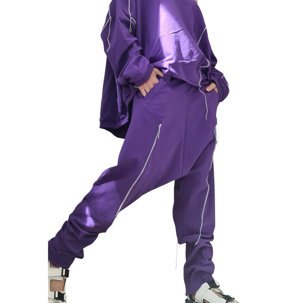 Purple Cotton Co-Ord Set, Harem Pants, Asymmetrical Blouse, Raw Edges, Contrast Seams