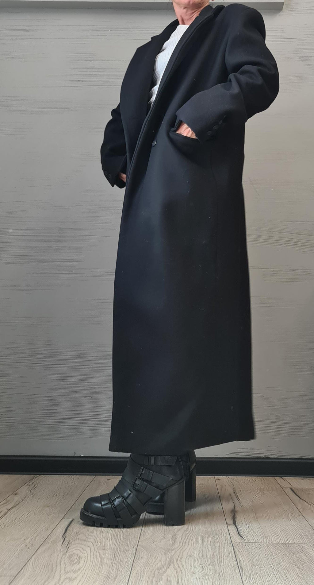 Black Oversized Coat, Floor Length Tailored Overcoat with Back Vent, Plus Size