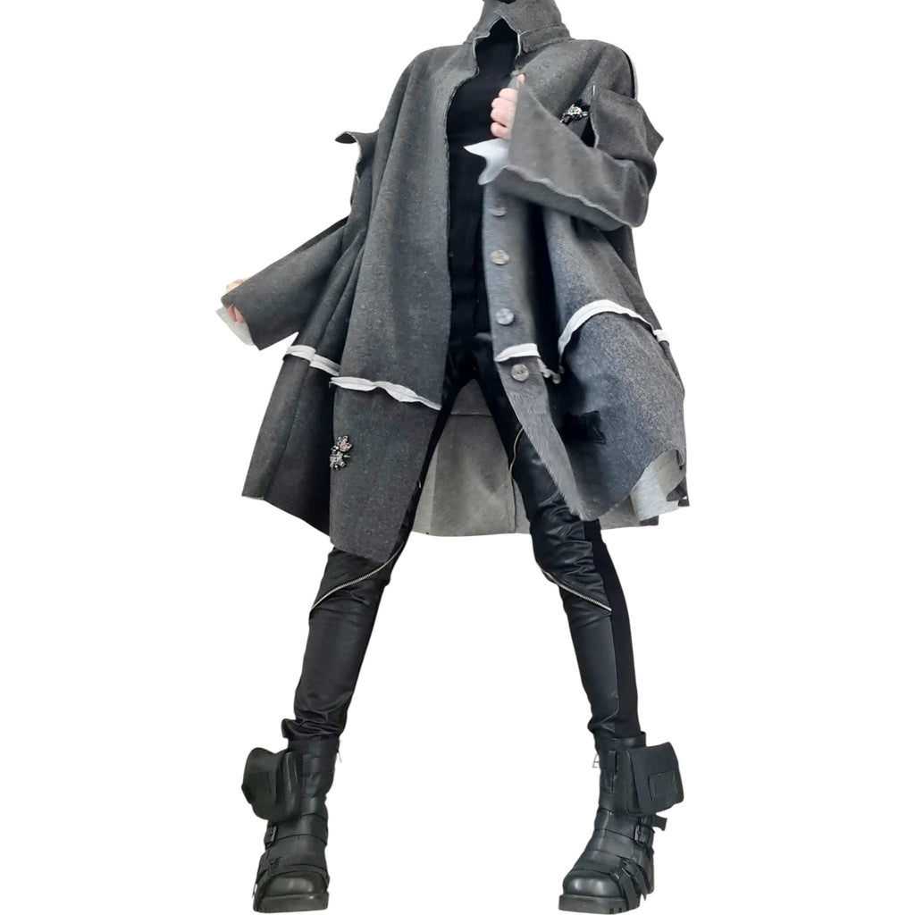 Grey Oversized Coat, Wide Trapeze Knee Jacket, Deconstructed Sleeves, Plus Size