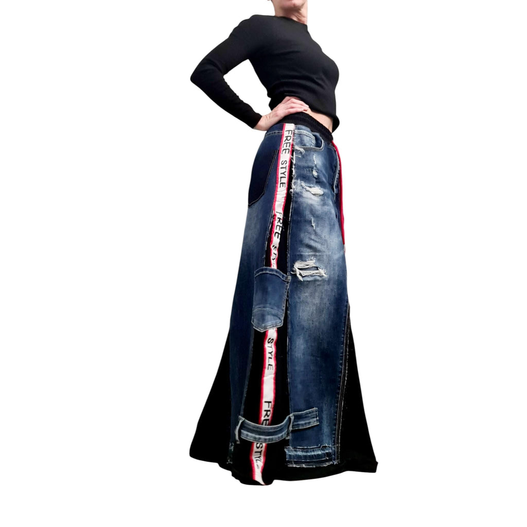 Denim Maxi Skirt Women, Patchwork Jean Clothing, Asymmetrical Long Gothic Oversized Skirt