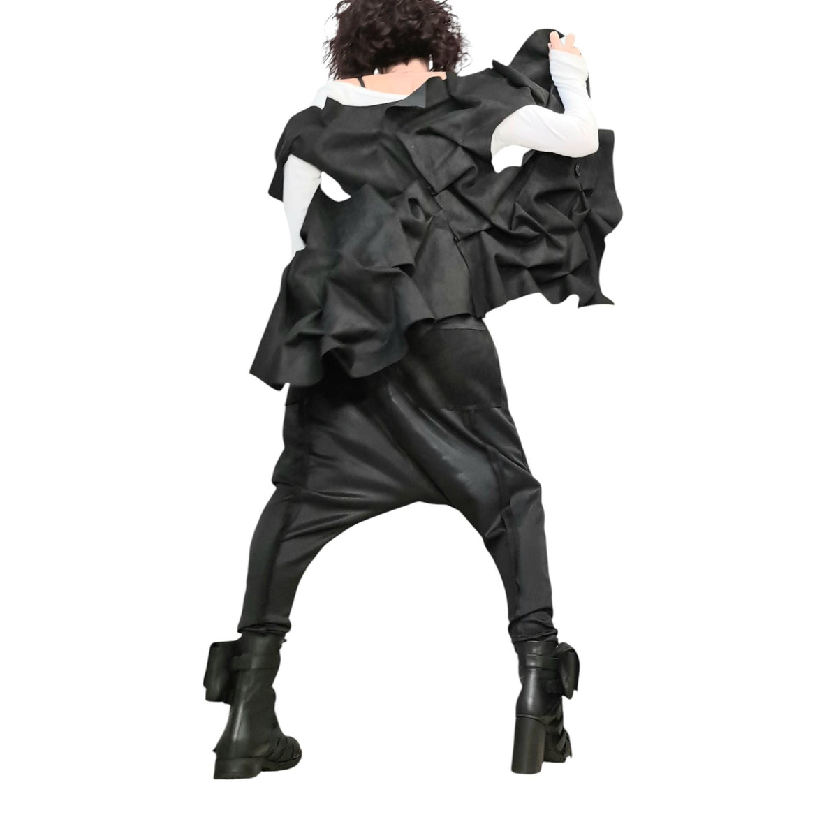 Black Neoprene Harem Pants, Tapered Legs, Ruched Asymmetrical Vest, Two Piece Co-Ord Set