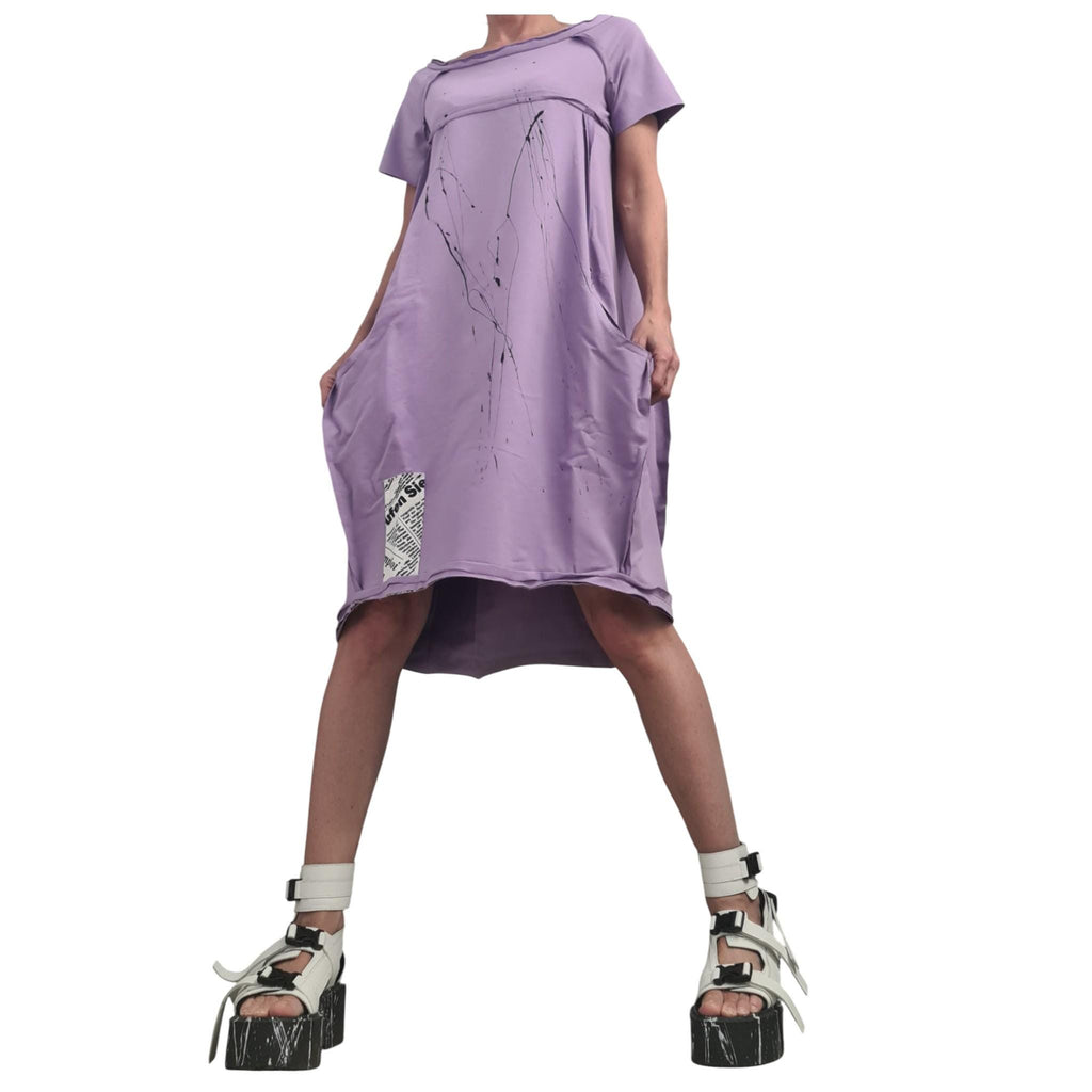 Lavender French Terry Off Shoulder Asymmetric Dress, Plus Size Clothing