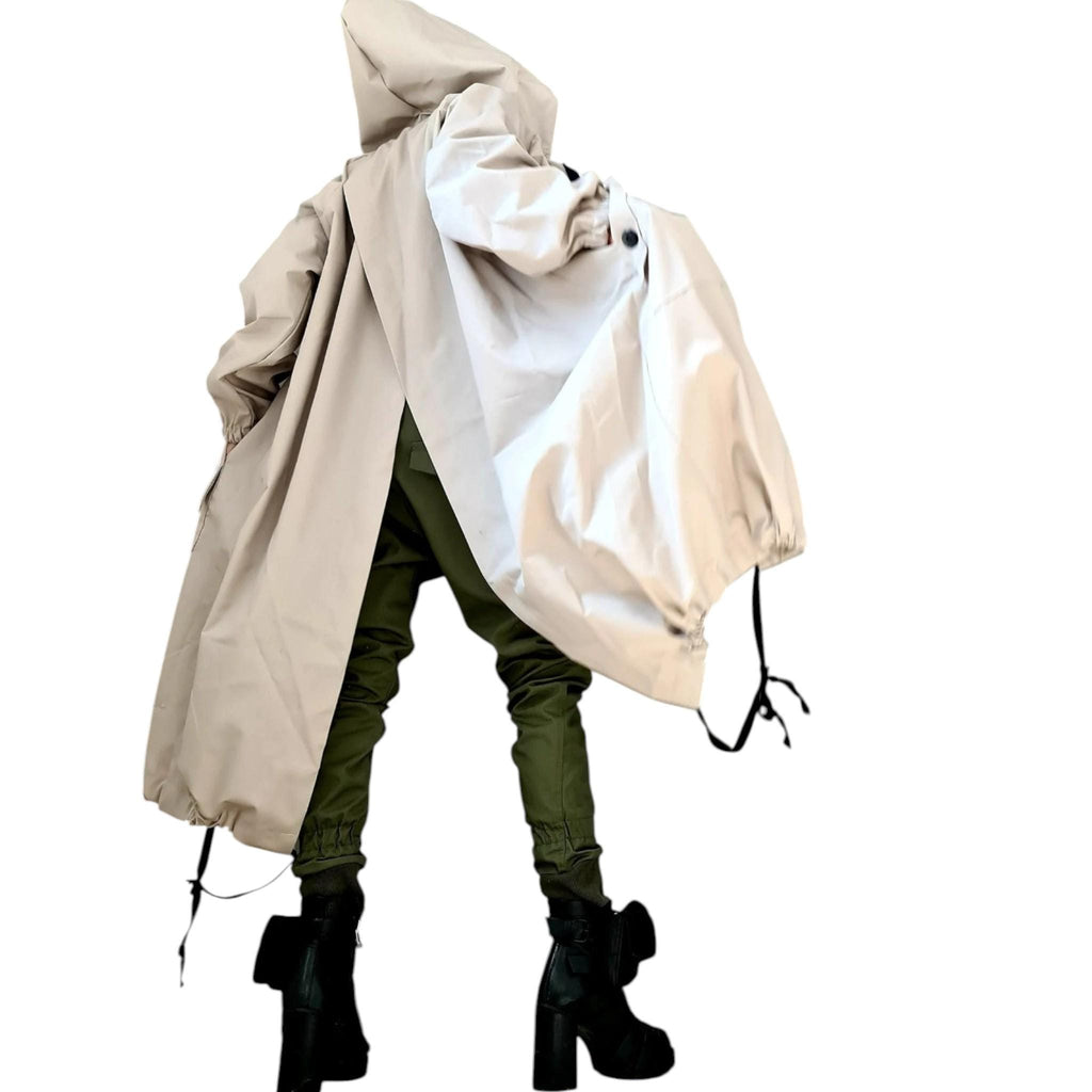 Light Beige Asymmetrical Hooded Trench Coat, Ripstop Jacket with Overlapping Open Back