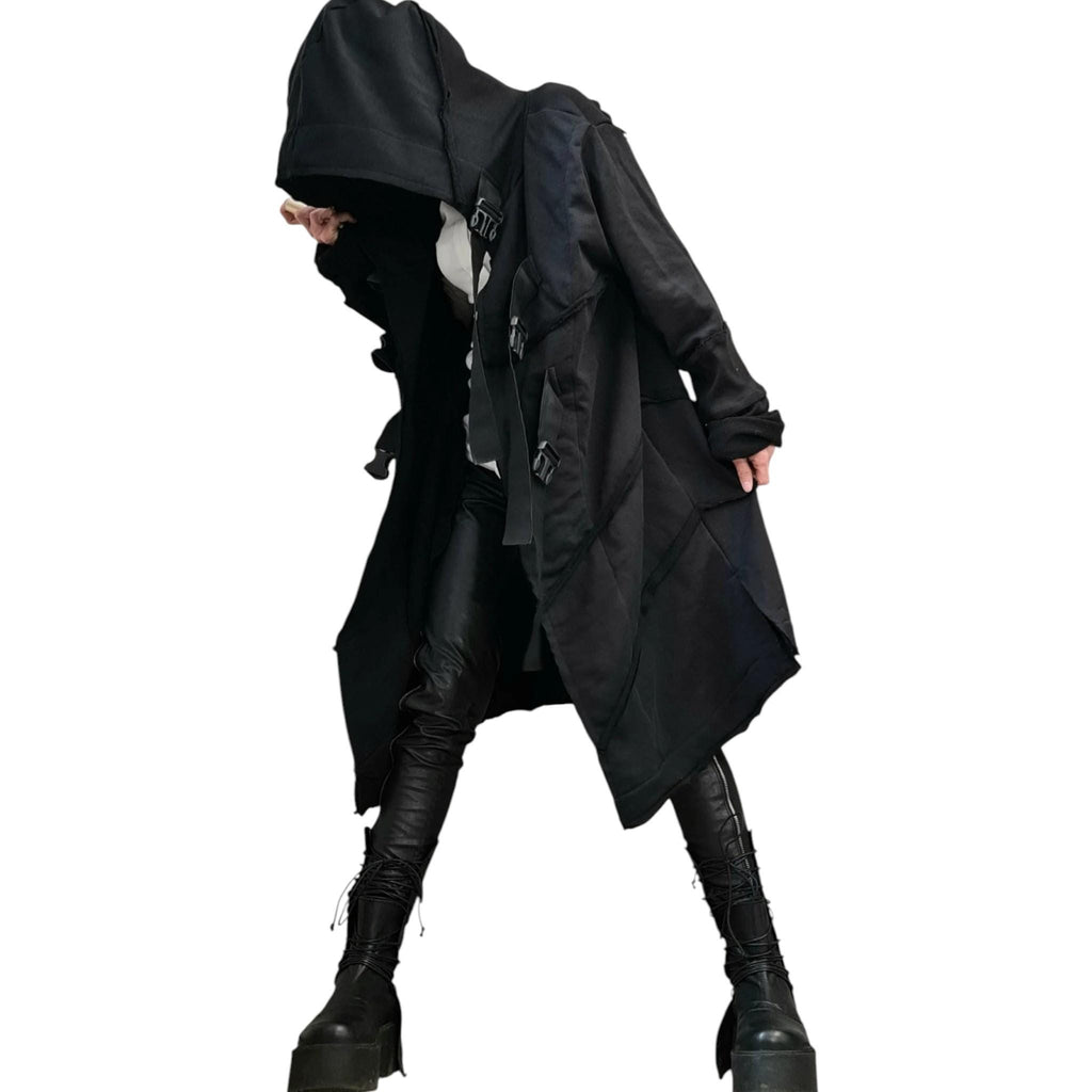 Black Oversized Hooded Vest, Long Asymmetric Sleeveless Coat, Layered Hem, Plus Size