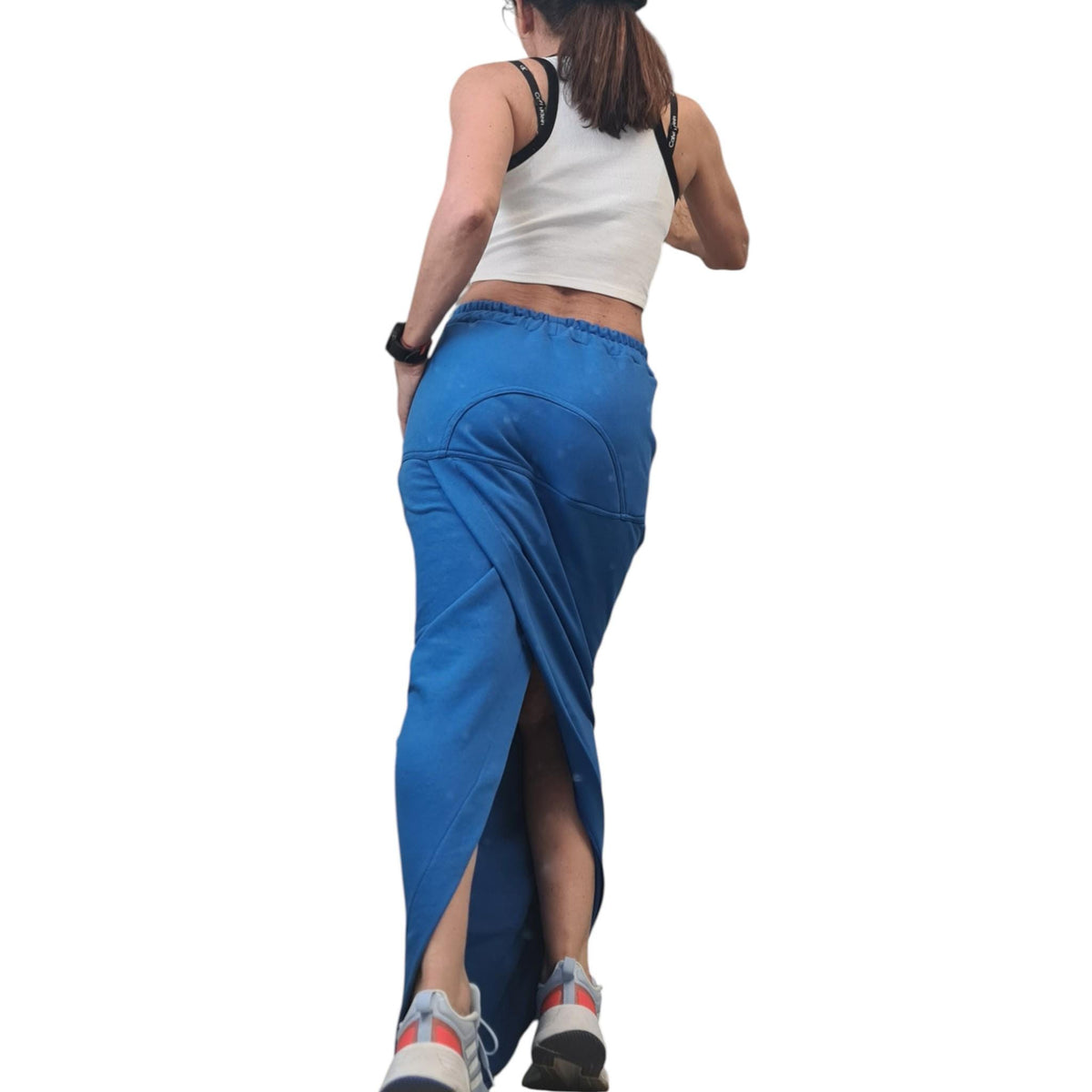Blue Cotton Maxi Skirt with Pockets, Sporty Tight Long Skirt, Large Slit