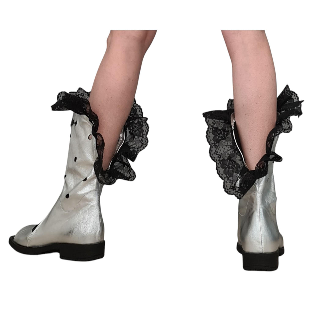 Silver Leather Open Toe Boots for Women | Handmade Lace Detail Summer Shoes