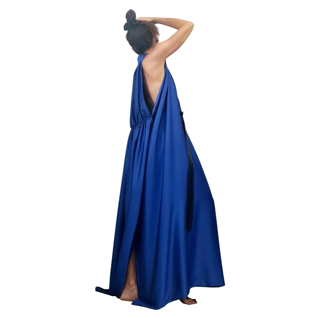Royal Blue Draped Maxi Dress – Avant-Garde Open Back Grecian Gown