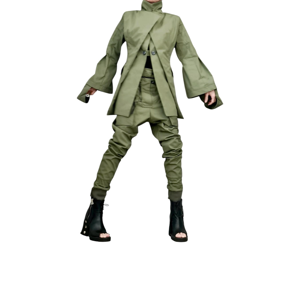 Olive Green Tailored Cargo Pants, Structured Double-Lapel Longline Blazer, Flared Cuffs, Military Co-Ord Set