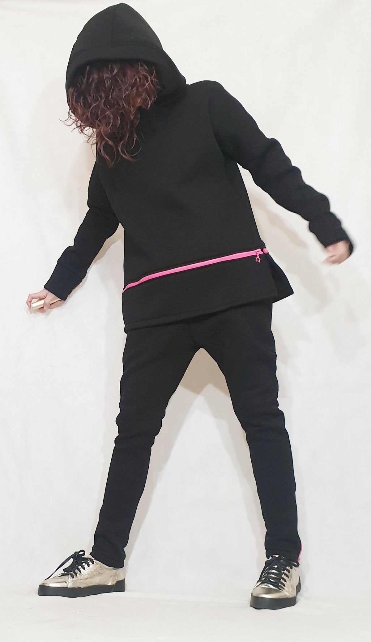 Black Cotton Drop Crotch Pants, Asymmetrical Hooded Sweatshirt, Pink Zipper, Two-Piece Co-Ord Set