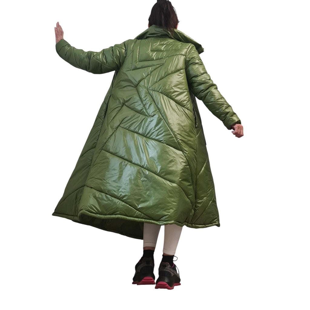 Green Maxi Puffer Coat, A-Line Quilted Jacket, Oversized High Collar Winter Outerwear