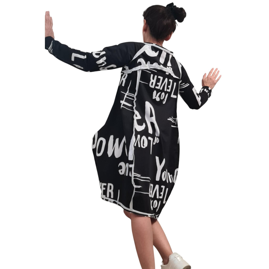 Asymmetric Graphic Dress, Long Sleeves, Knee Length Balloon Shape, Black White, Fashion for Women