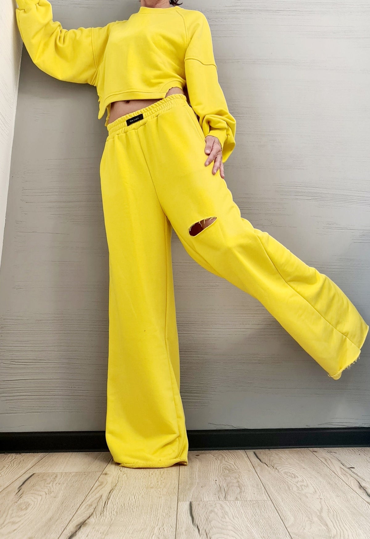 Yellow Cotton Wide-Leg Pants, Cropped Oversized Sweatshirt, Knee Cutout, Raw Hems, Two-Piece Co-Ord Set