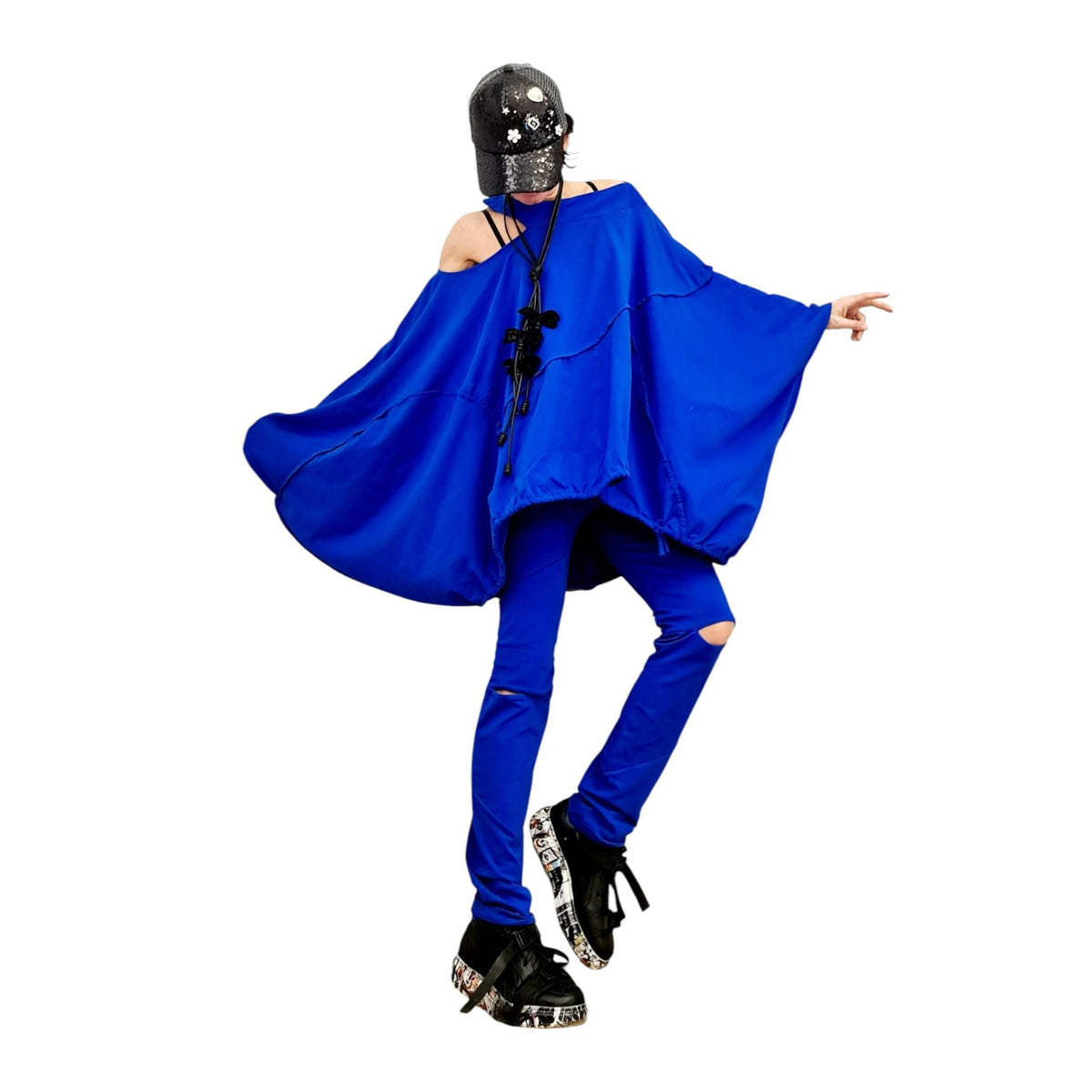 Royal Blue Cotton Leggings, Cutout Knees, Oversized Asymmetrical Draped Batwing Tunic, Two-Piece Co-Ord Set