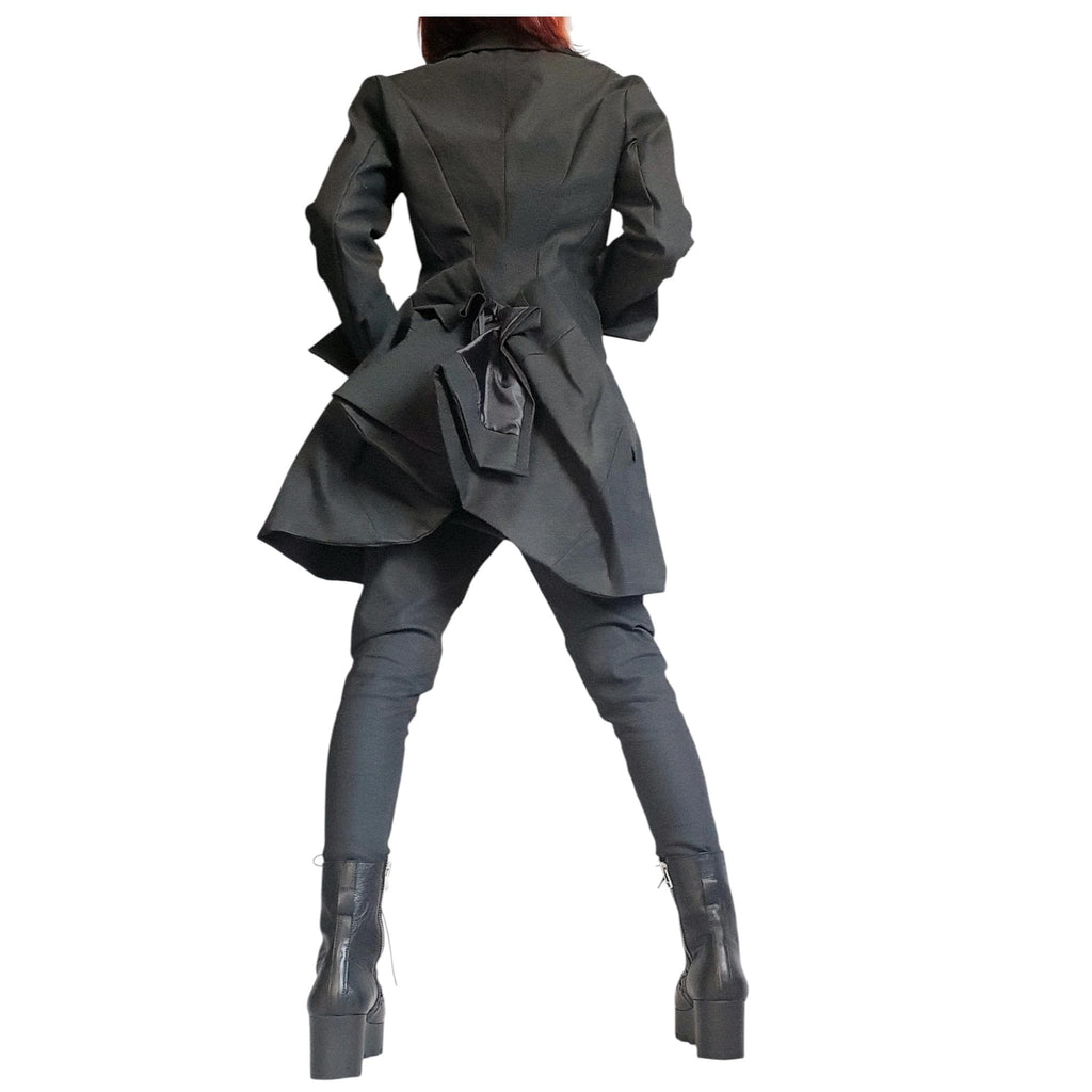 Ivory Asymmetrical Peplum Blazer with Gathered Back, Fitted Waist and Long Tailcoat Hem