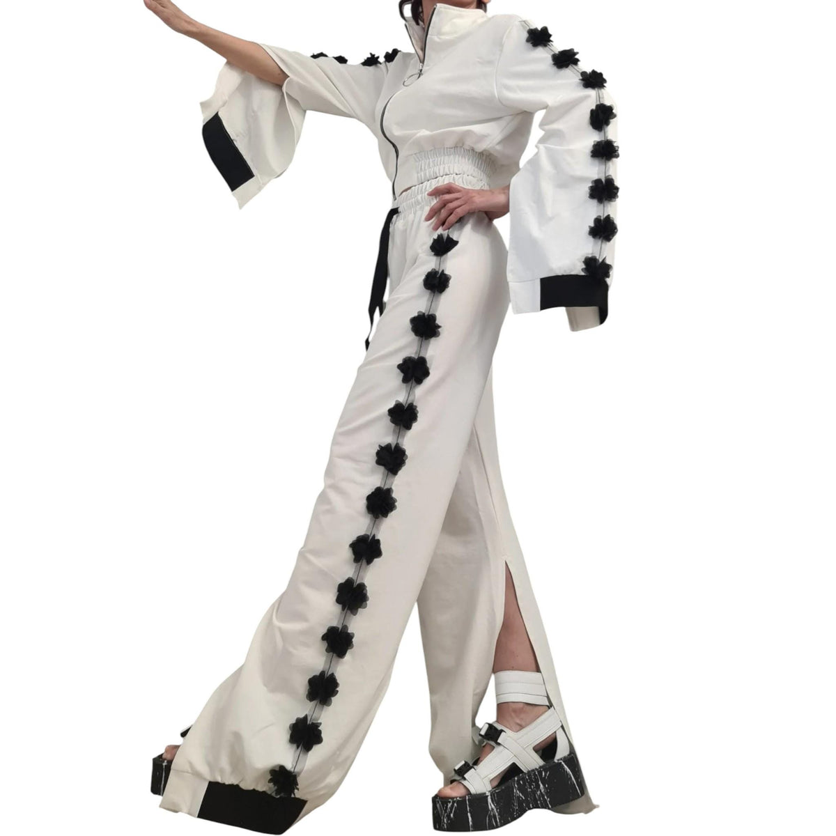 White Cotton Co-Ord Set, Floral Appliqué, Wide Leg Pants, Asymmetrical Sweatshirt