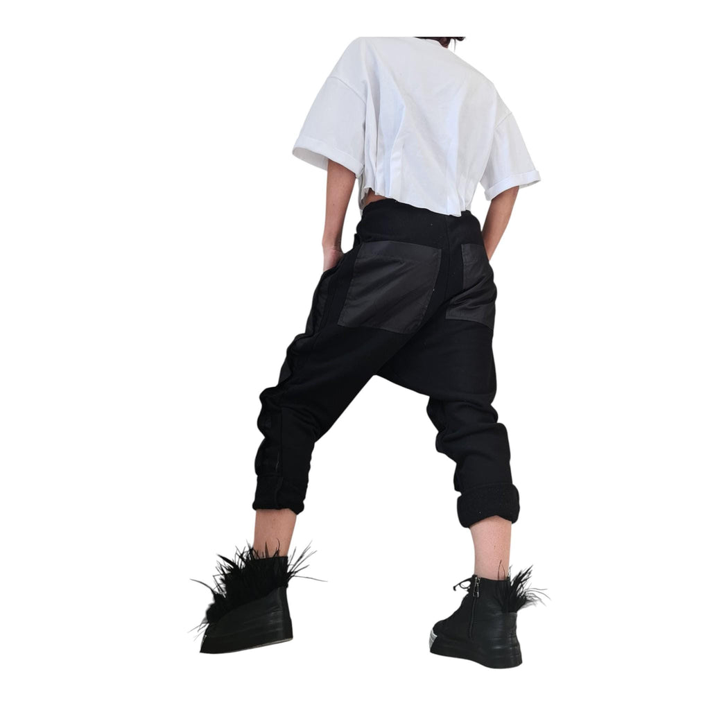 Fuchsia Harem Pants, Black Cargo Pockets, French Terry Tapered Leg Joggers