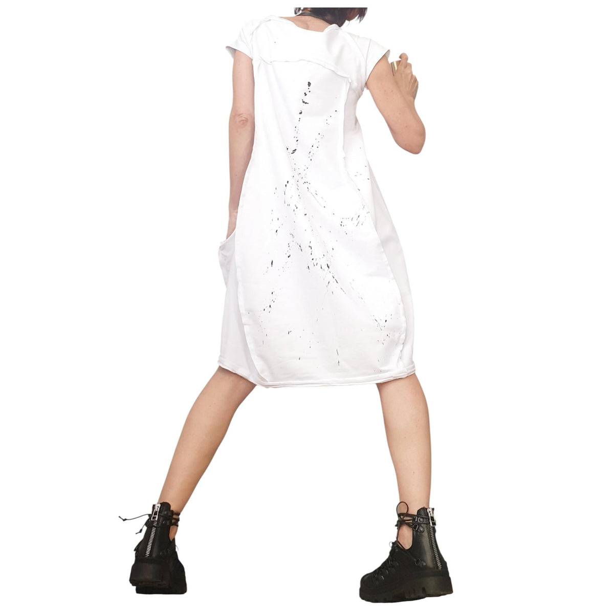 Black Cotton Midi Short Sleeve Dress, Cold Shoulder, Asymmetric Oversized Tunic