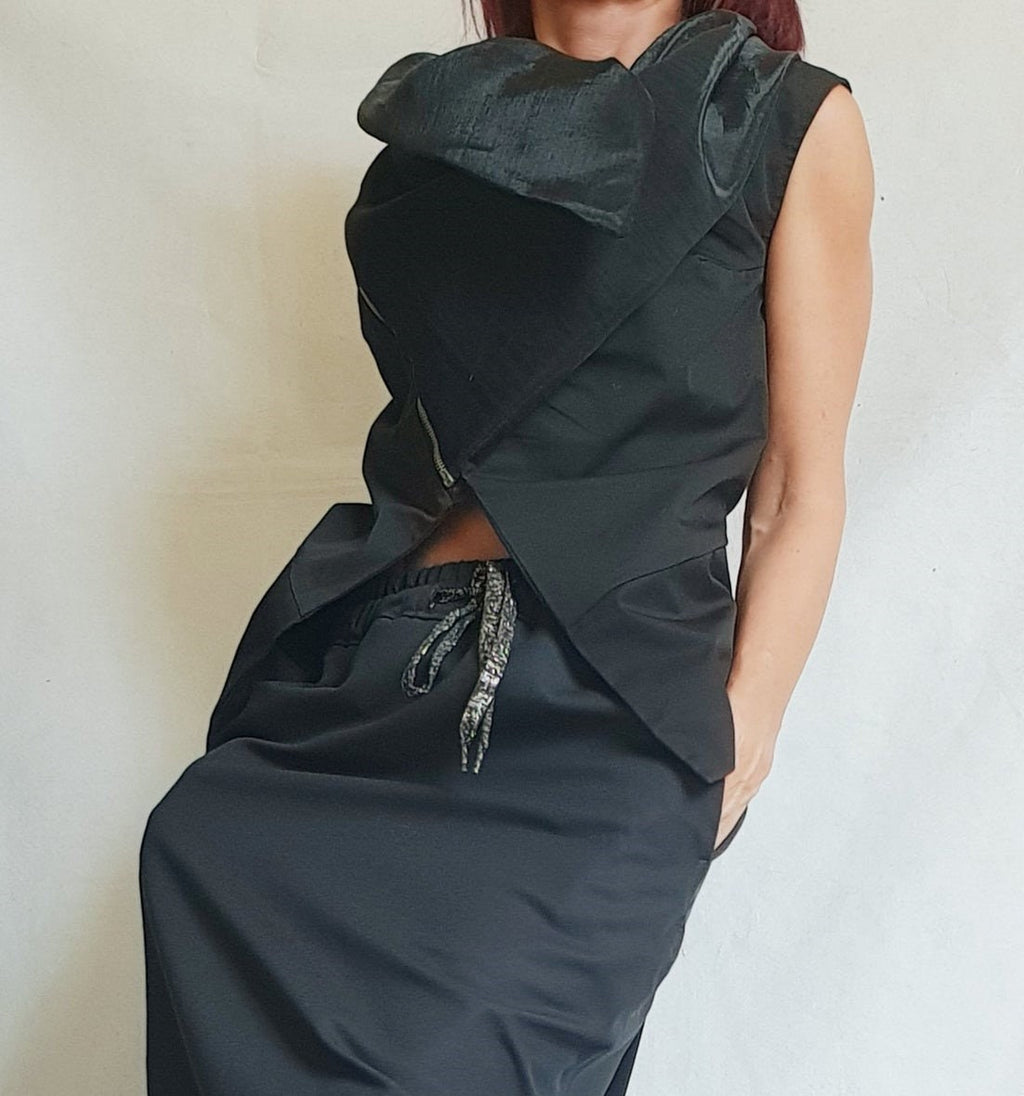 Black Asymmetrical Vest, Sleeveless Fitted Top with Chiffon Collar Detail, Diagonal Zip