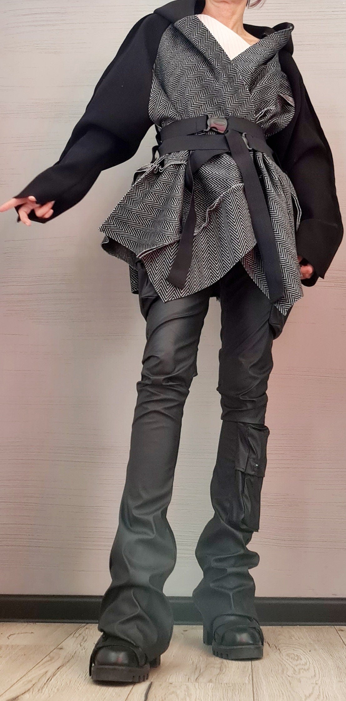 Grey and Black Asymmetrical Hooded Poncho, Herringbone Wool Cape, Long Sleeves, Plus Size