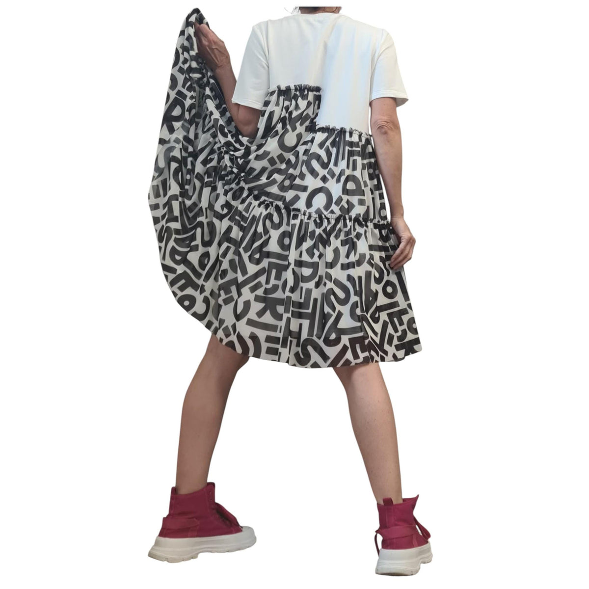 Asymmetrical Tunic for Women, Cotton Dress with Graffiti Tulle, Plus Size