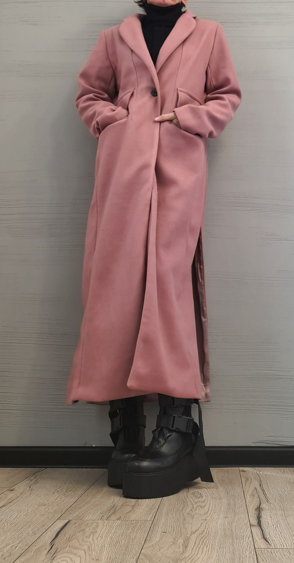Dusty Rose Long Coat, Asymmetrical Wrap Front and Ruched Sleeves, Plus Size