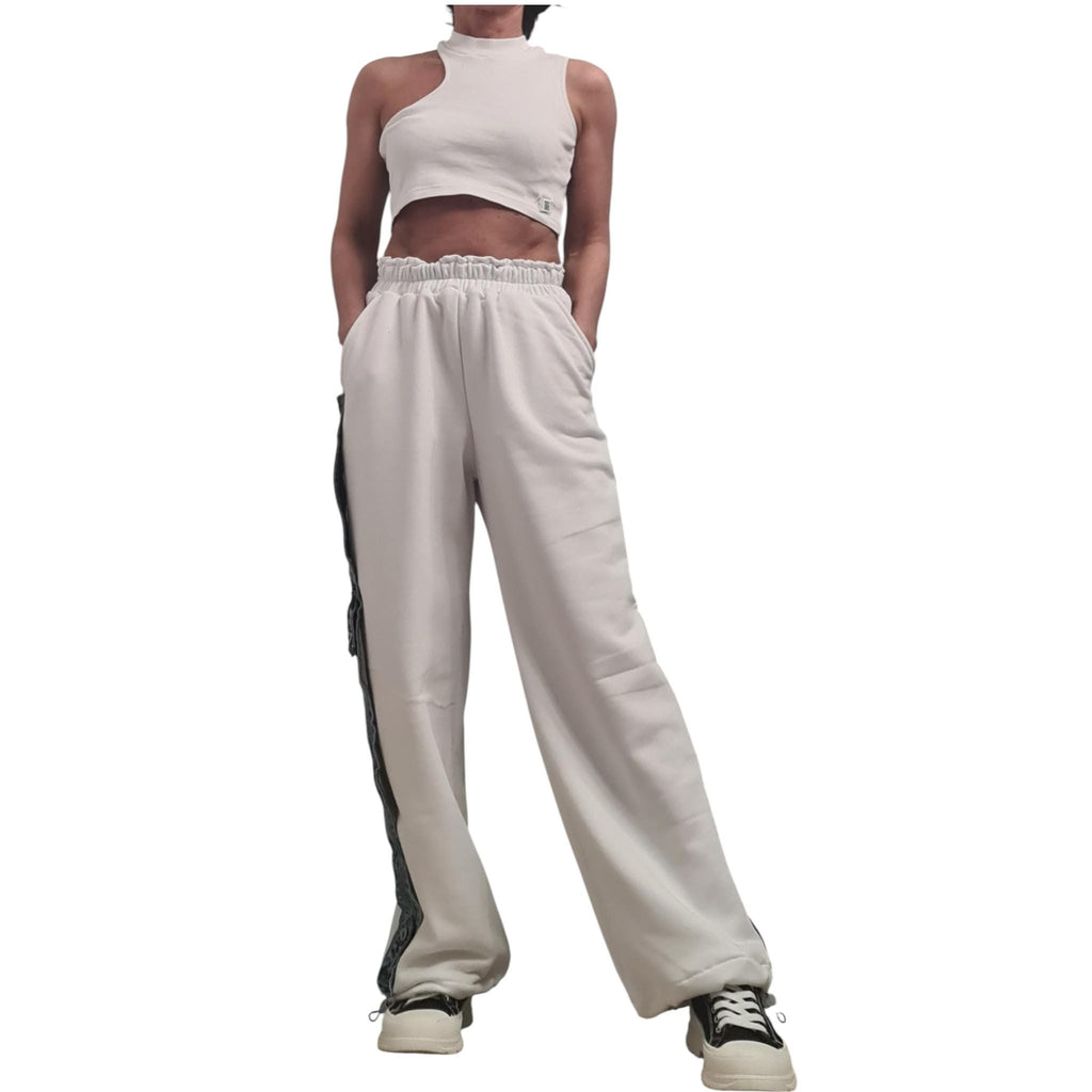 White French Terry Jogger Pants, Denim Side Detail, Color Block