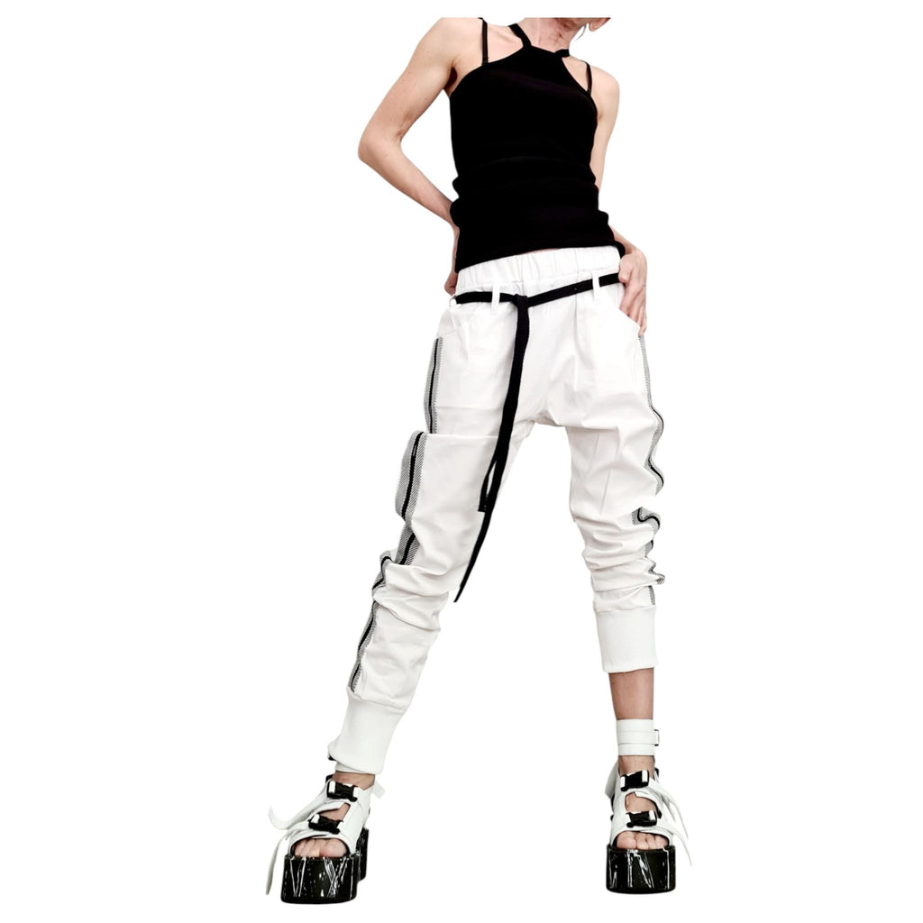 White Cotton Drop Crotch Pants, Side Stripe, Tapered Leg