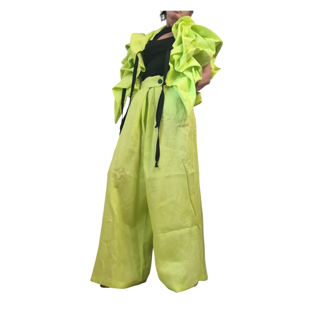 Lime Green Linen Short Jacket, Asymmetric Sleeveless Jacket