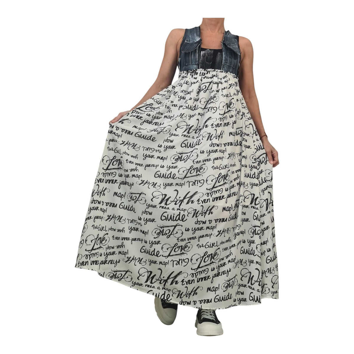 Denim Maxi Dress with Chiffon Skirt, Open Back Dress, Oversized Avant Garde Clothing