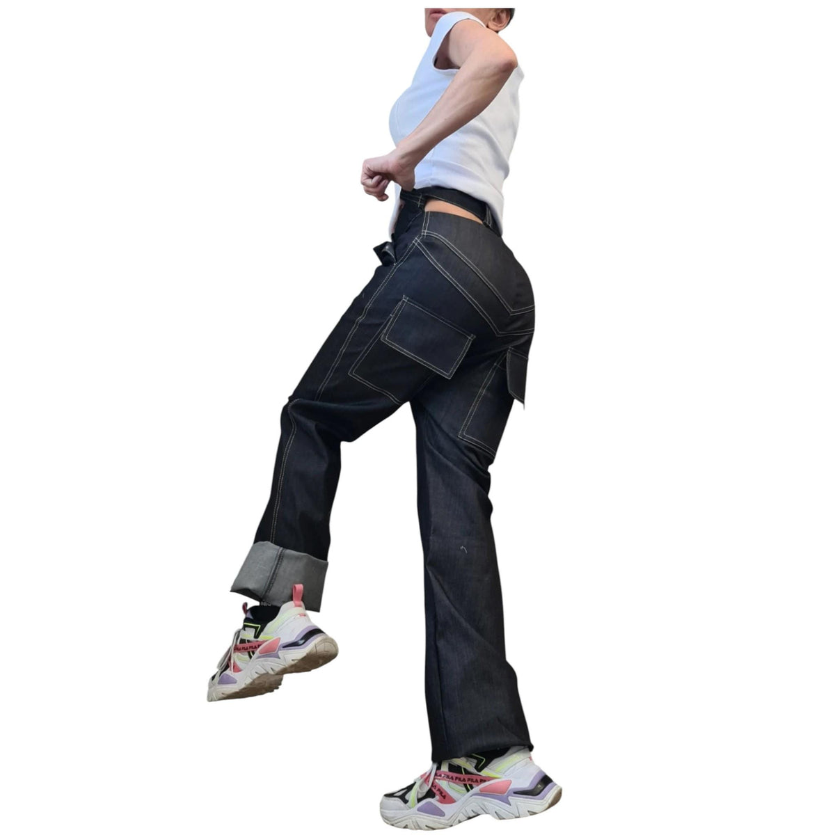Dark Blue High-Waist Straight-Leg Denim Pants, Avant-Garde Streetwear Trousers