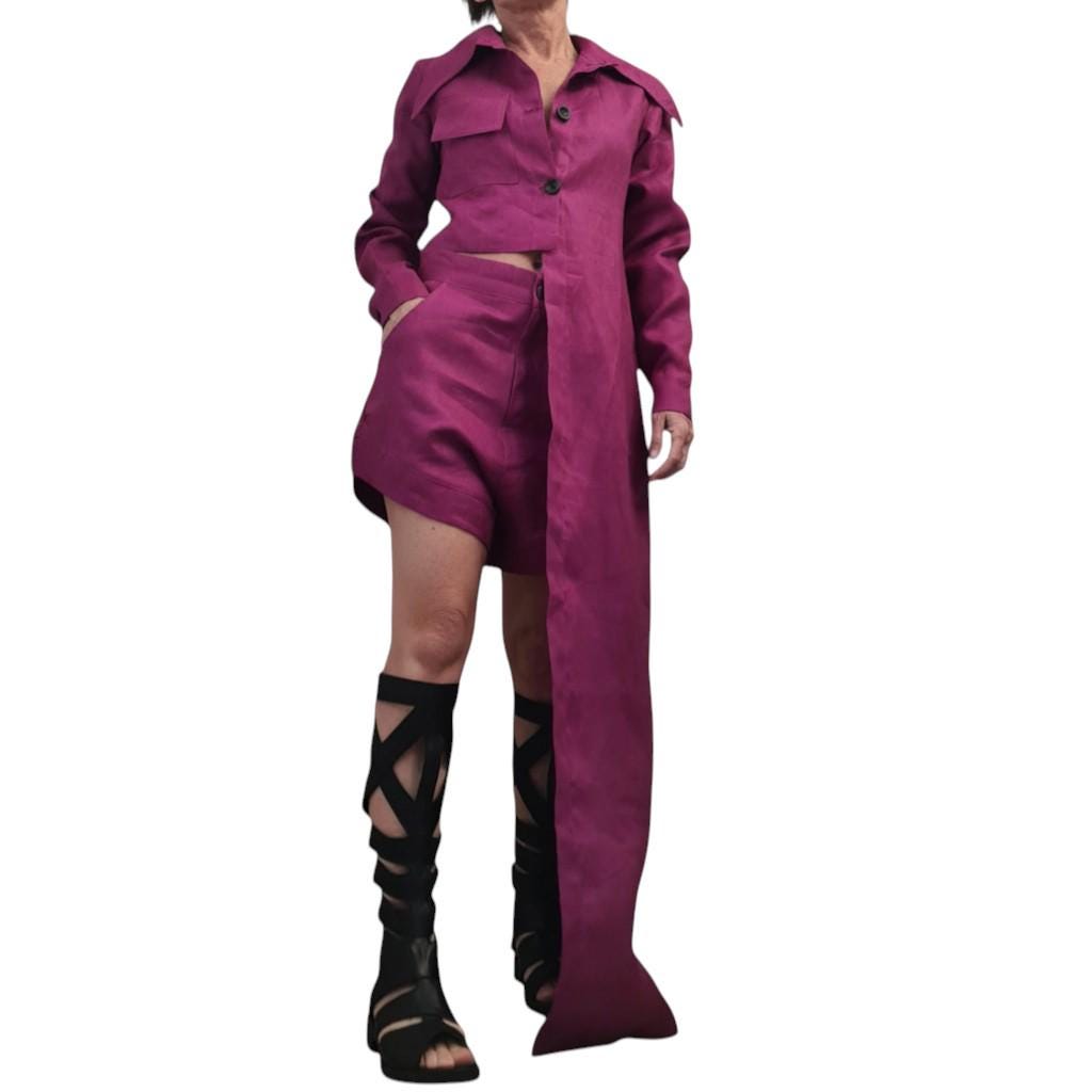 Magenta Linen Shirt, One Shoulder Asymmetrical High Low Tunic for Women