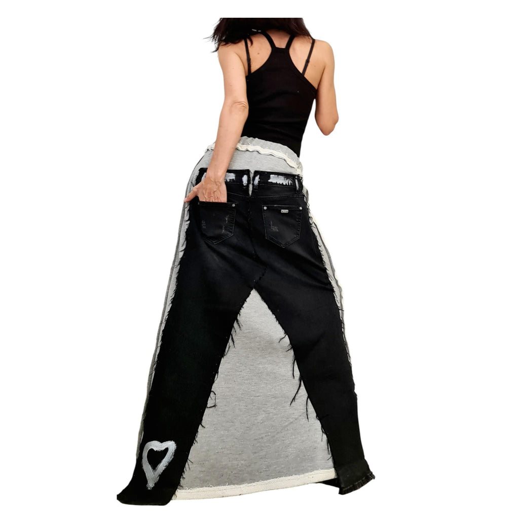 Deconstructed Avant Garde Denim Skirt, Outside Seam, Plus Size French Terry Skirt