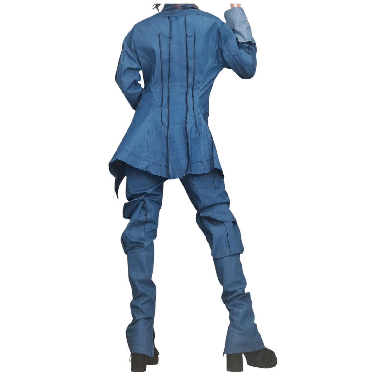 Denim Avant Garde Set, Asymmetric Blazer and Cargo Pants, Deconstructed Extravagant Womens Clothing