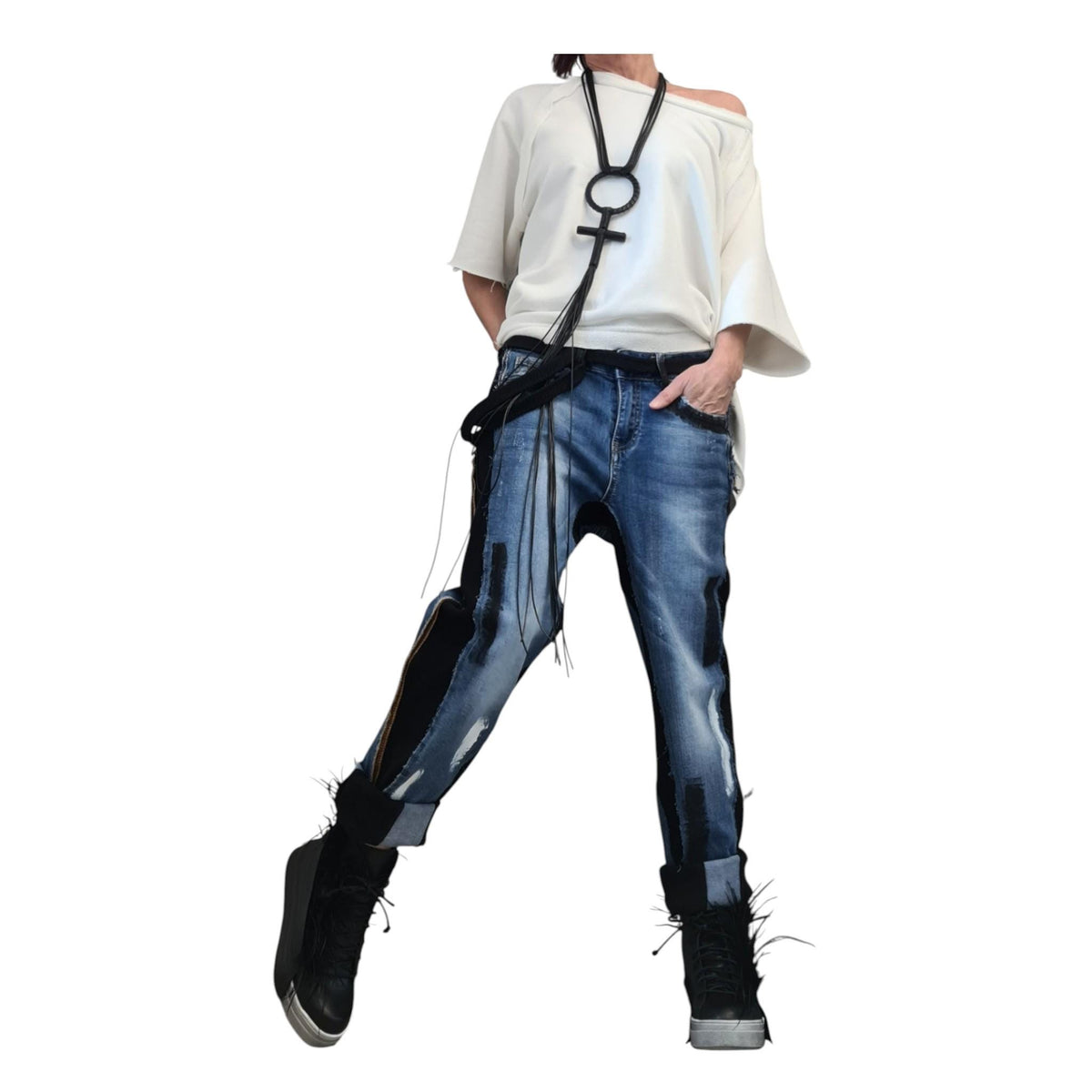 Denim Harem Pants: Casual Baggy Fit (Unisex, Painted Detail)