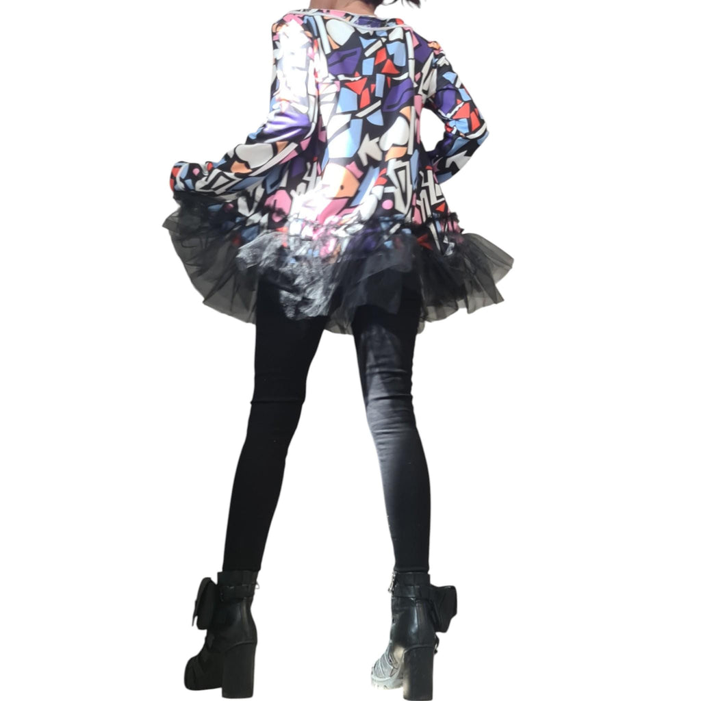 Avant Garde Tunic Blouse, Printed Tulle Top, Extravagant Design, Long Sleeve