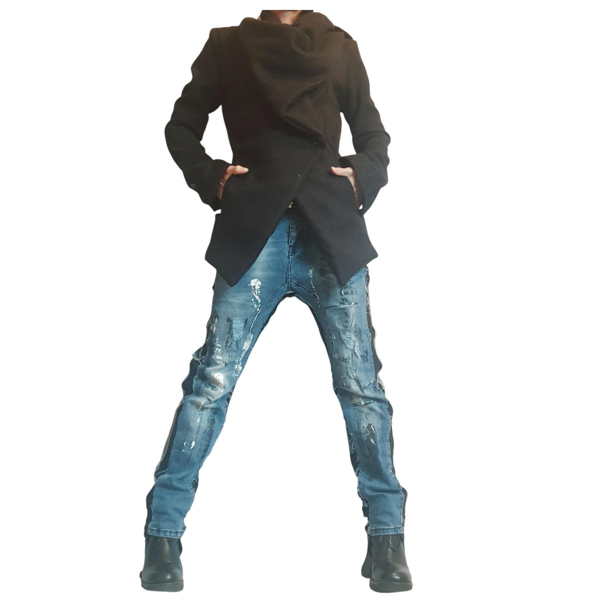 Black Asymmetrical Blazer, Tailored Jacket with Wide Shawl Collar, Button Closure