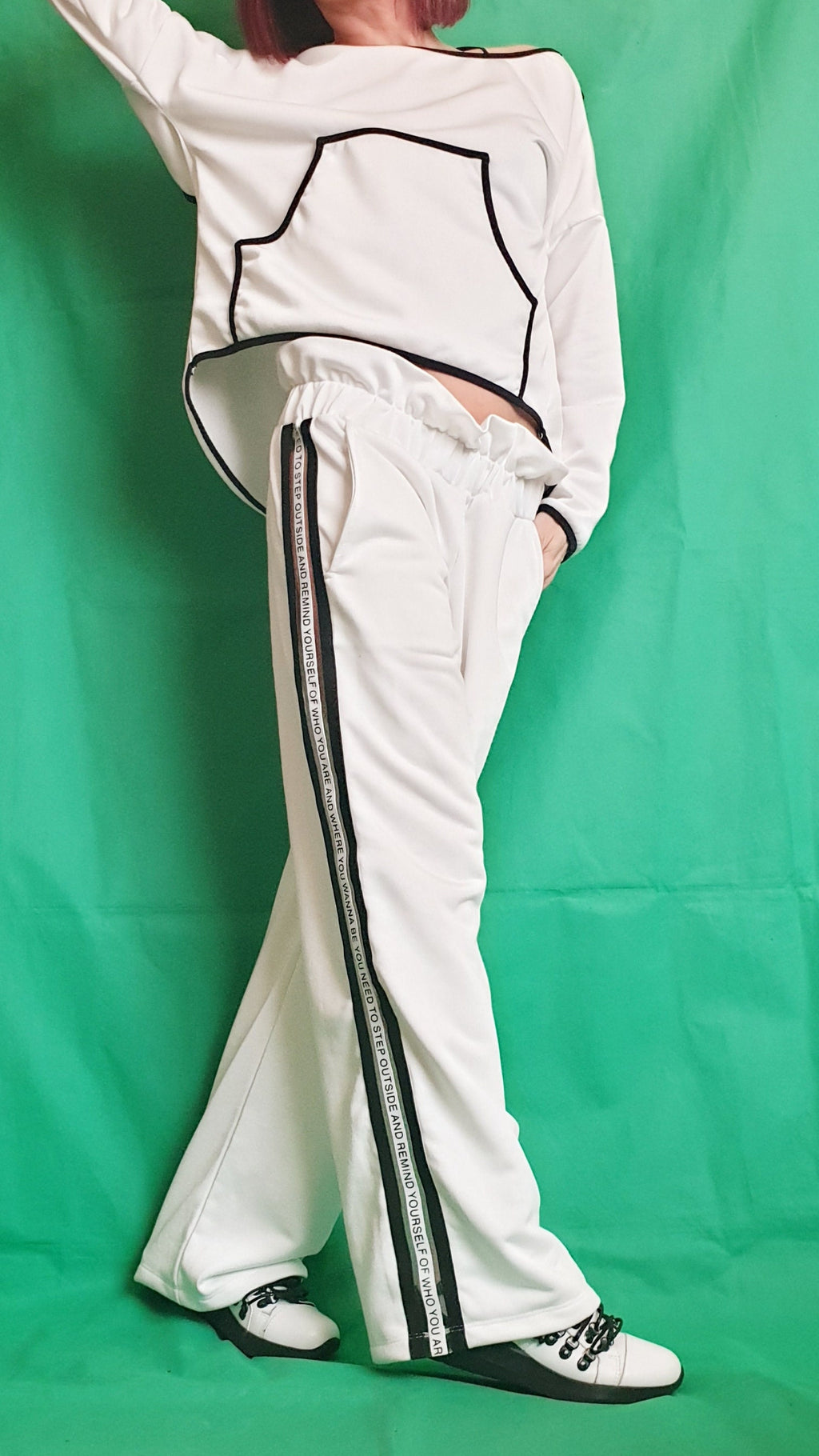 White Cotton French Terry Co-Ord Set, Open Back Blouse, Wide Leg Pants