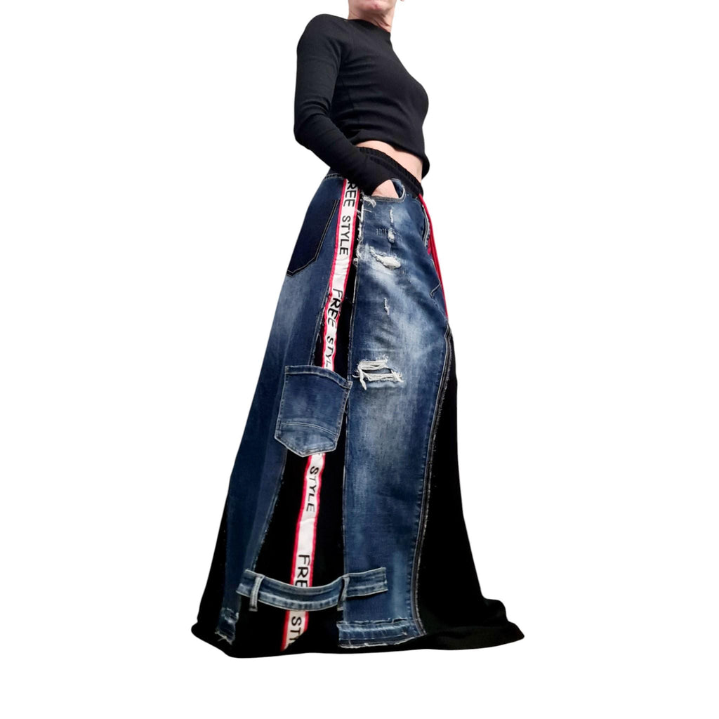 Handmade Asymmetric Denim Maxi Skirt, Avant Garde Patchwork