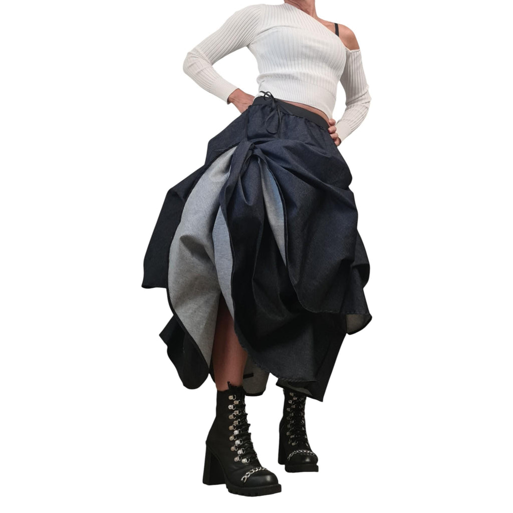 Blue Denim Skirt Women, Rave Outfit, Asymmetric Midi Skirt, Adjustable Hem, Burning Man Fashion