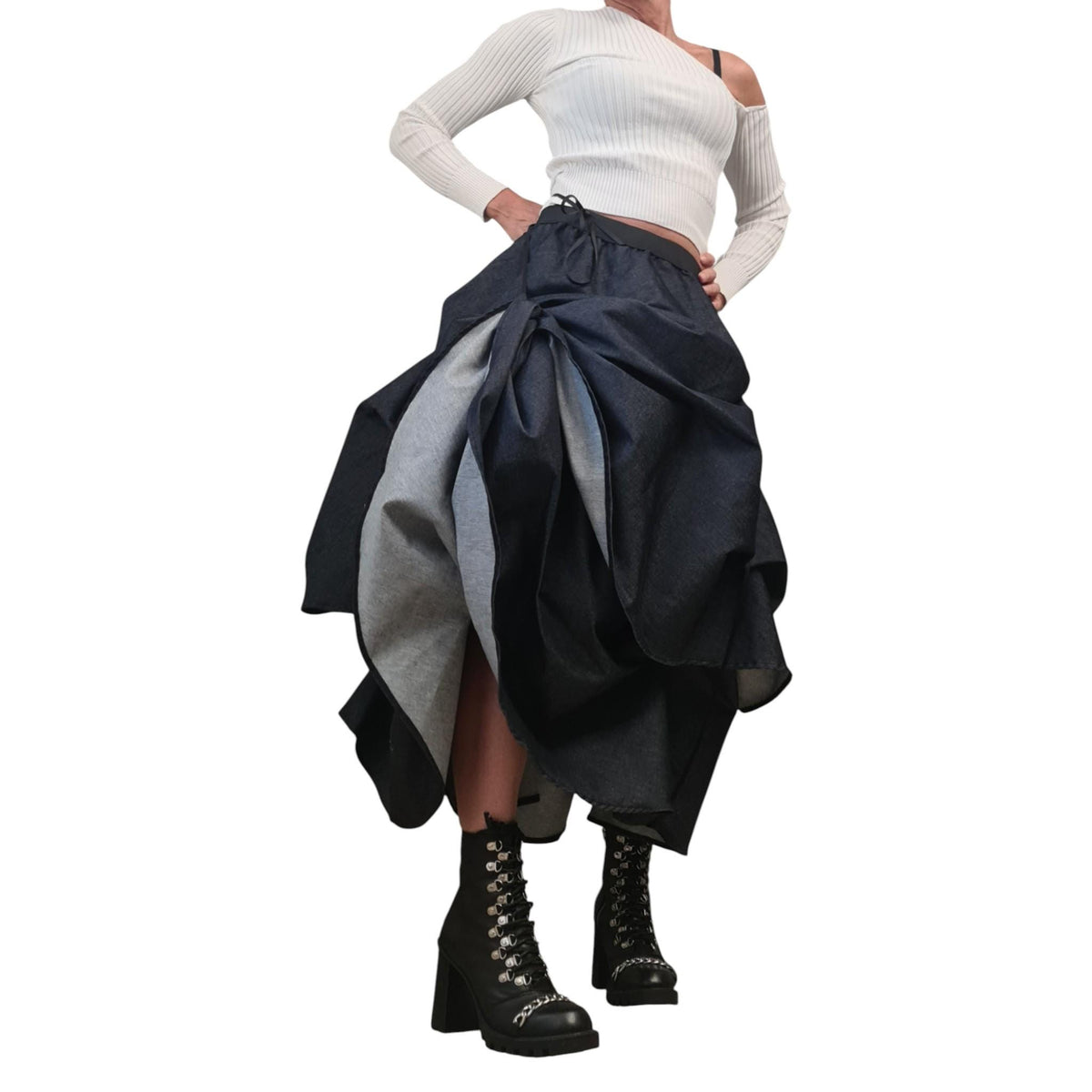 Blue Denim Skirt Women, Rave Outfit, Asymmetric Midi Skirt, Adjustable Hem, Burning Man Fashion