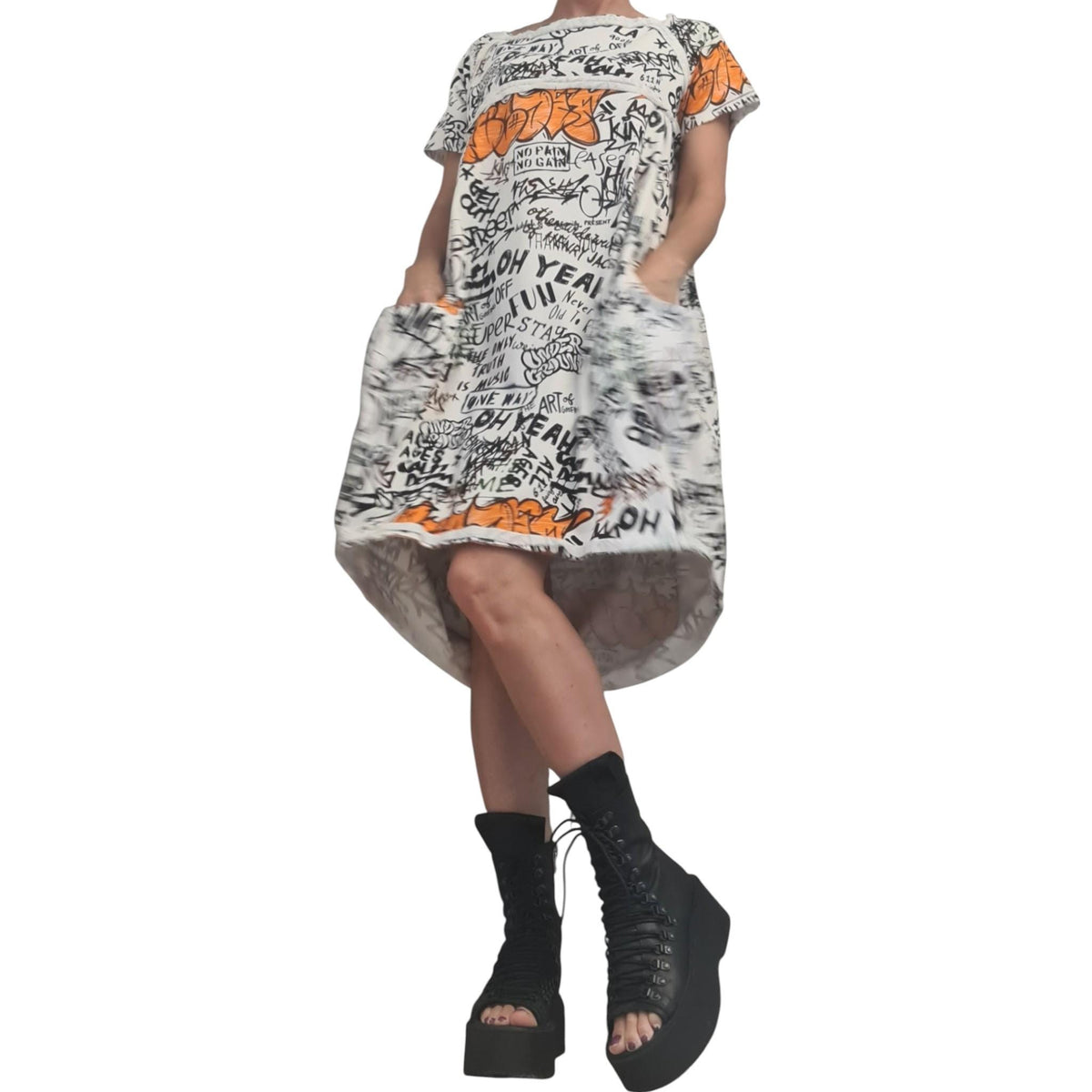 Cotton Tunic Dress with Graffiti Print, Asymmetric Knee Length