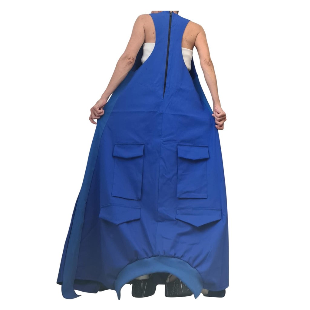Blue Maxi Loose Dress, Pockets Asymmetric Kaftan, Sleeveless