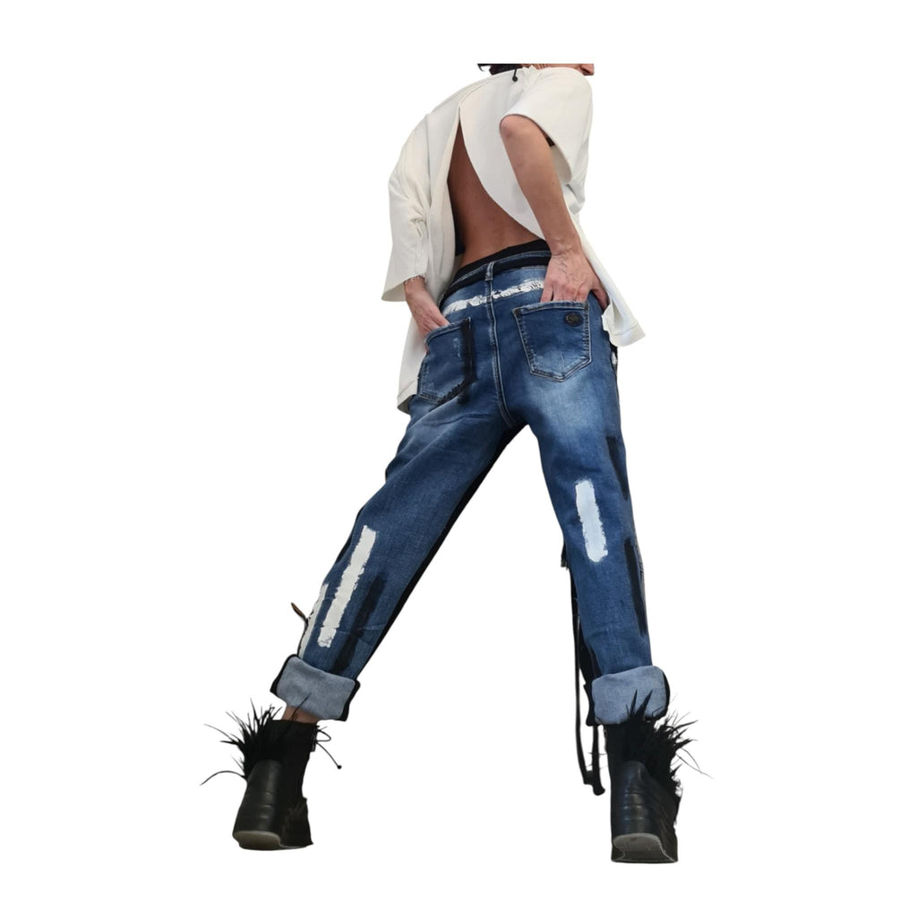 Denim Harem Pants: Casual Baggy Fit (Unisex, Painted Detail)