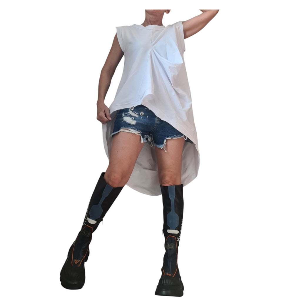 White asymmetric tunic, sleeveless cotton top, oversized loose fit women clothing