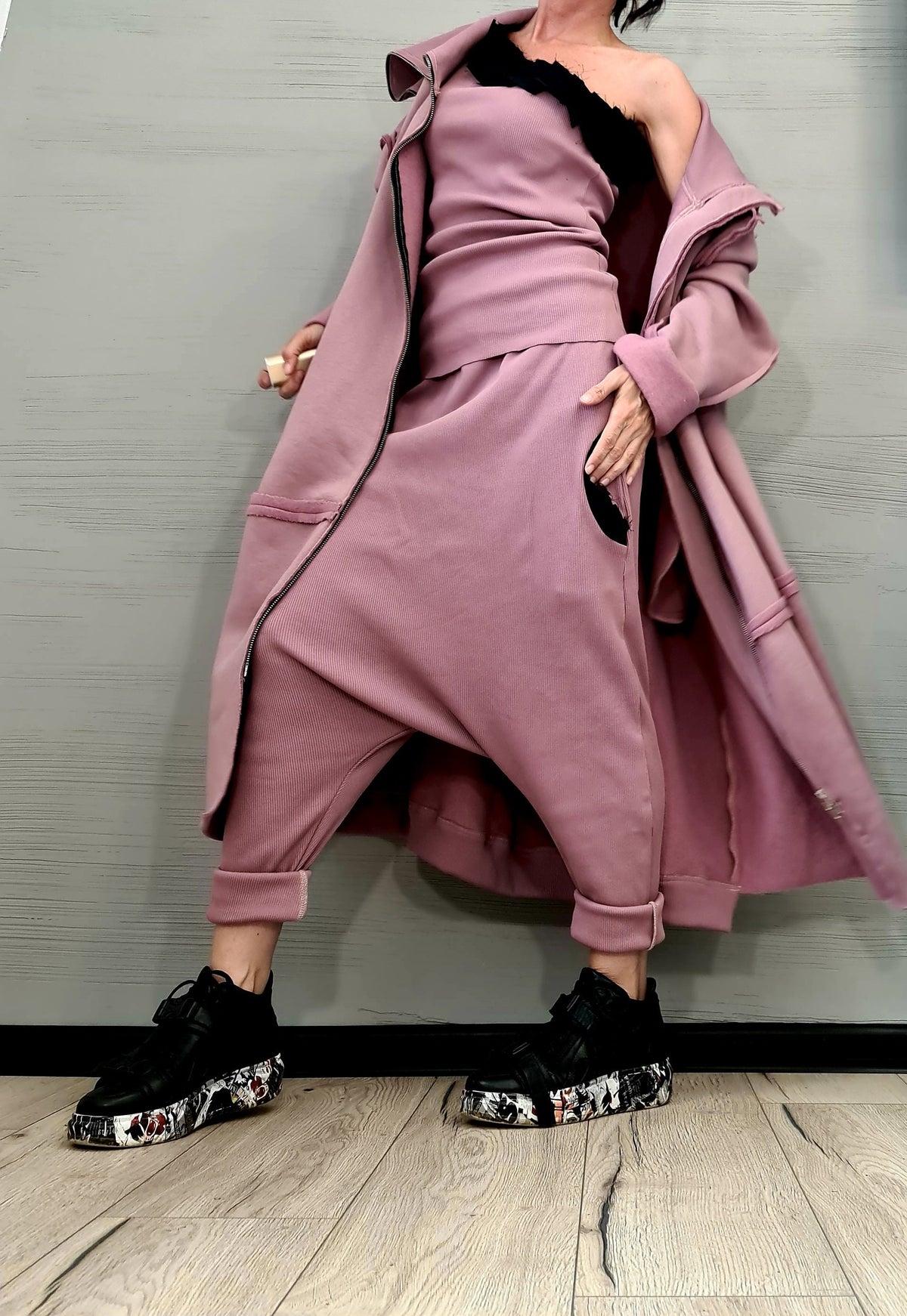Pink Oversized Zip Up Hoodie, Long Sweatshirt with Extra Large High Collar, Plus Size