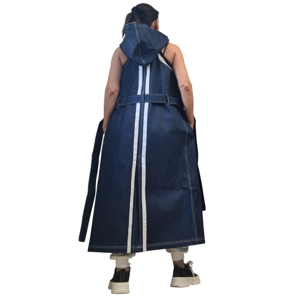 Denim Two Piece Trench Coat, Cropped Jacket and Long Hooded Vest, Oversized Asymmetrical Set